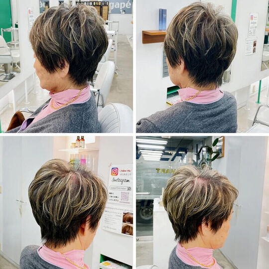 70代女性に人気の美容室アガペーでカットした金髪メッシュのショートボブ女性