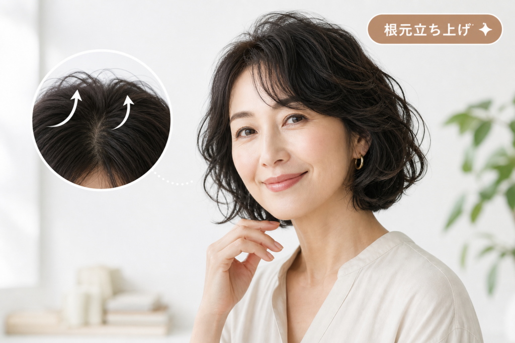 40代向け!根元立ち上げで若見えする黒髪ボブの強めパーマ