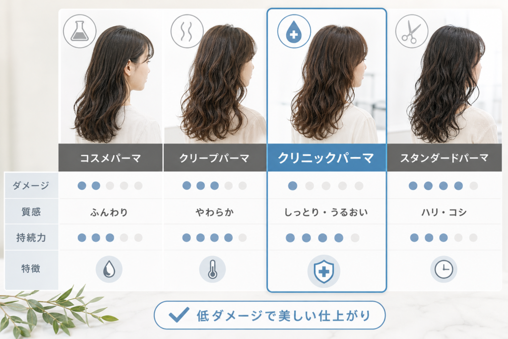 クリニックパーマとはの比較検討：コスメ・クリープ・スタンダードパーマとの違い