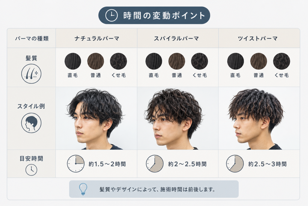 メンズパーマの種類・髪質・スタイル別に見た時間の変動