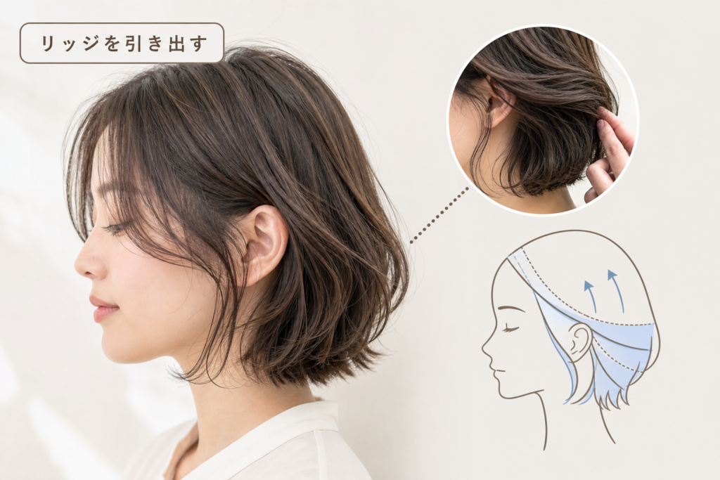 レイヤーボブでとれかけパーマのリッジを引き出すカット