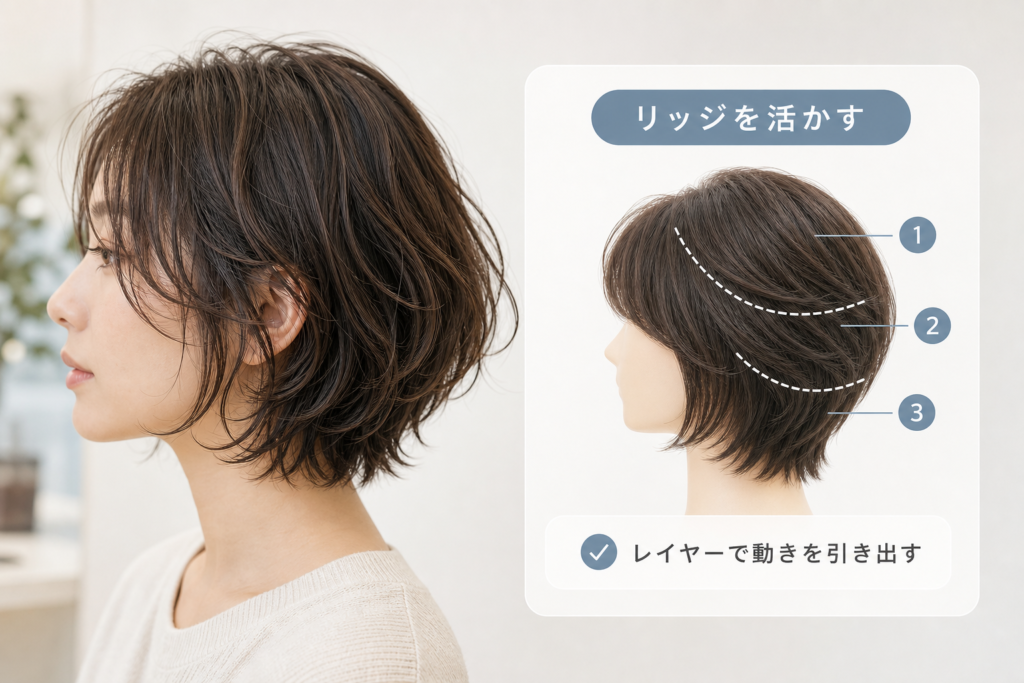 レイヤーボブでとれかけパーマのリッジを引き出すカット