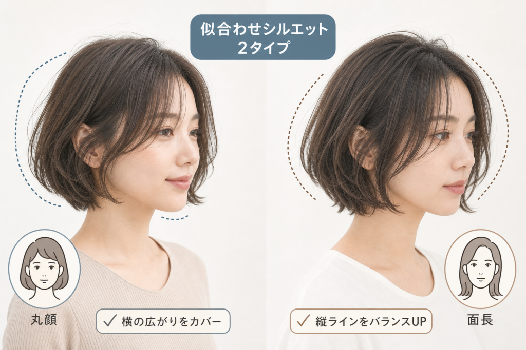 丸顔・面長に似合うボブの表面だけパーマのシルエット作り