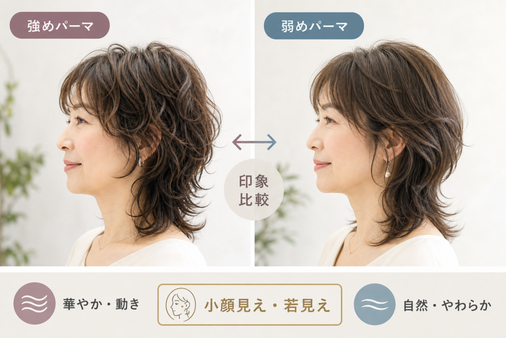 強めと弱めで変わるウルフパーマの印象と50代への効果