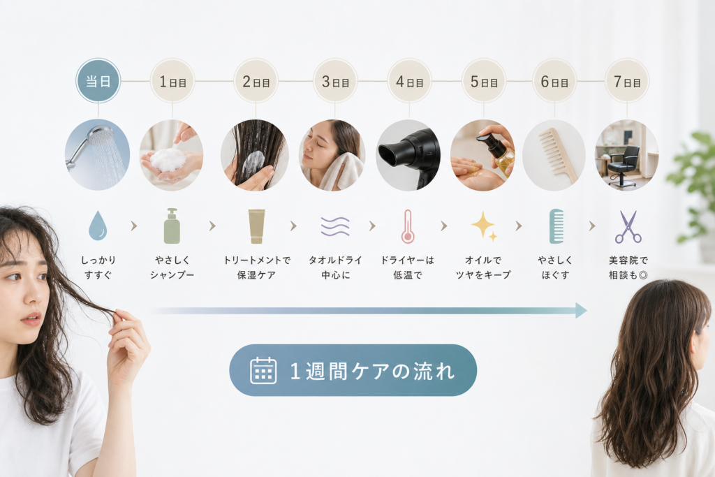 当日から1週間の時系列で見るかかりすぎたパーマを落とす方法