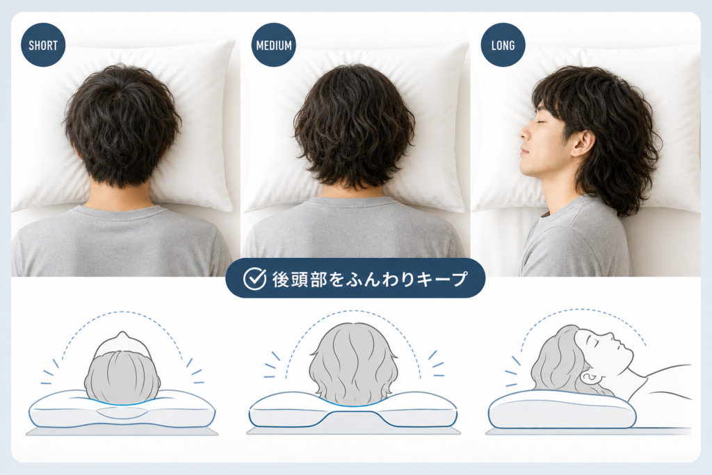 長さ別・メンズも対応する寝るとき後頭部つぶれ防止技