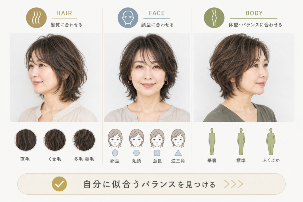 髪質・顔型・体型別で見つける理想の50代ウルフボブパーマの選び方
