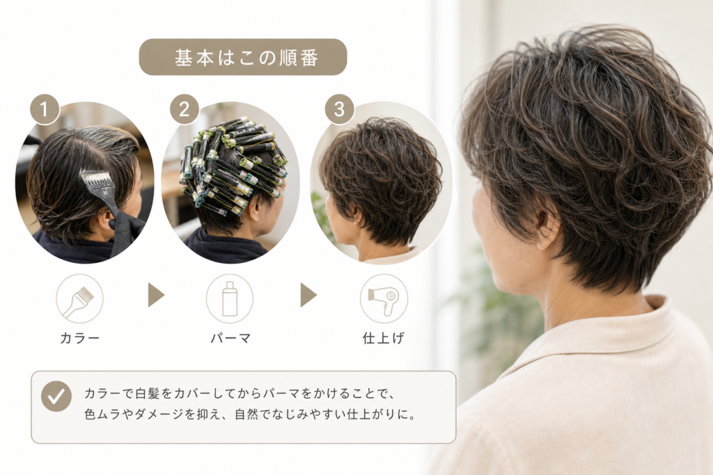 パーマとカラーの組み合わせ：白髪を目立たせない施術順序と最強テク