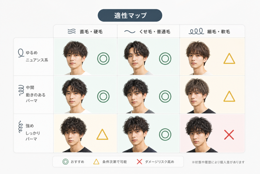 メンズ髪質やスタイル別！パーマとカラー同日施術のおすすめ適性マップ