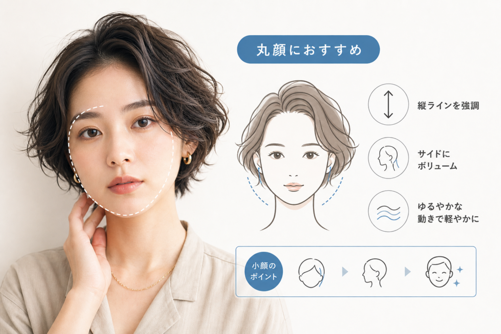 顔型別に選ぶ強めショートパーマ前髪なしと丸顔の小顔見え