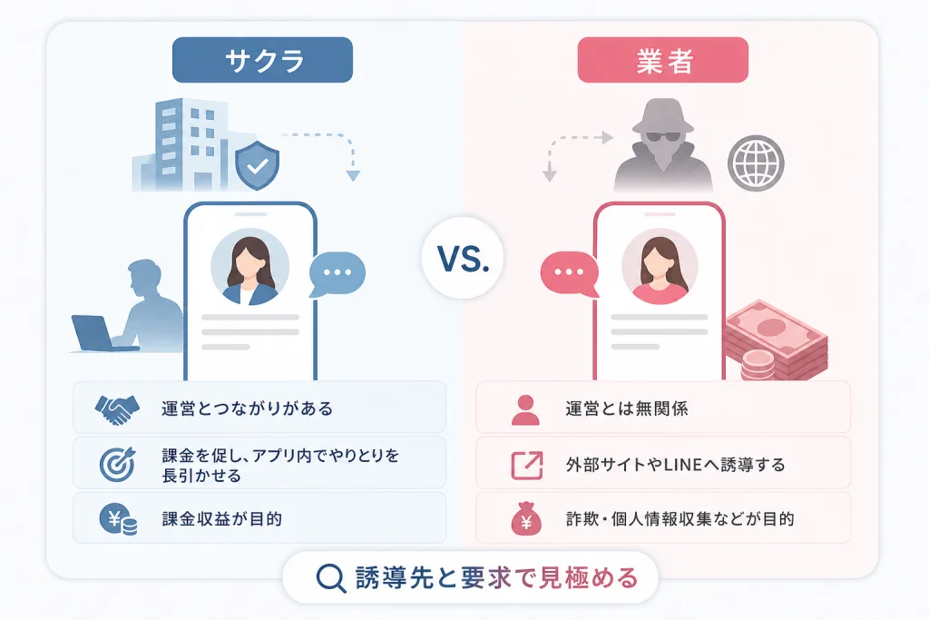 サクラと業者の違い｜運営との関係・目的・課金構造を比較