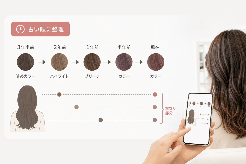 古い順に並べ、施術が重なった場所を示す