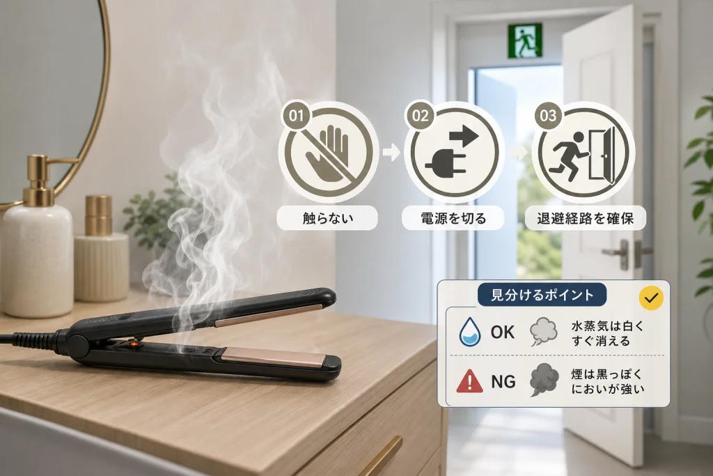 発煙直後は、触る前に退避経路を確保する