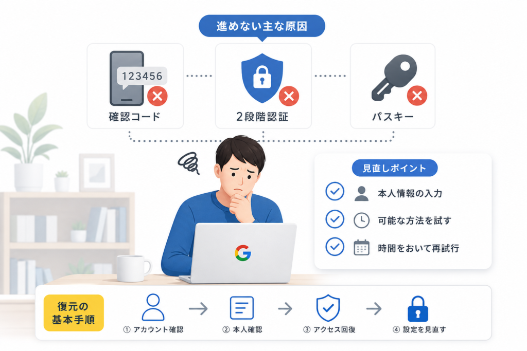 確認コード・2段階認証・パスキーで進めない場合