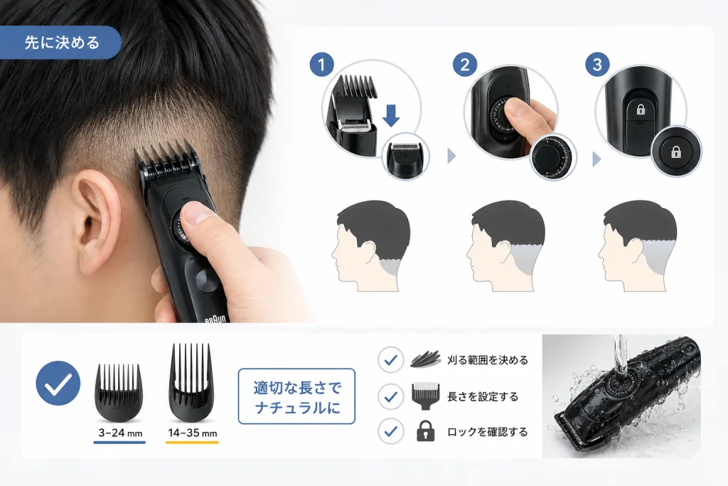 ツーブロック・サイド・襟足は、短くする範囲を先に決める