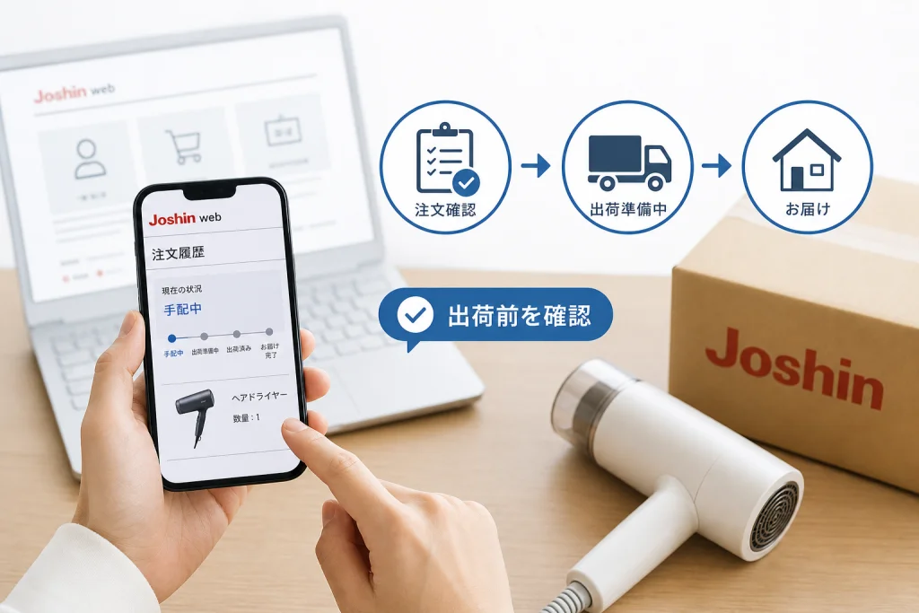 Joshin webで出荷前の注文状況を確認する手順